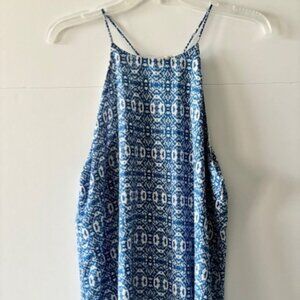 Paper Crane Women Blue White Geometric Design Lined Spaghetti Strap Blouse Top L